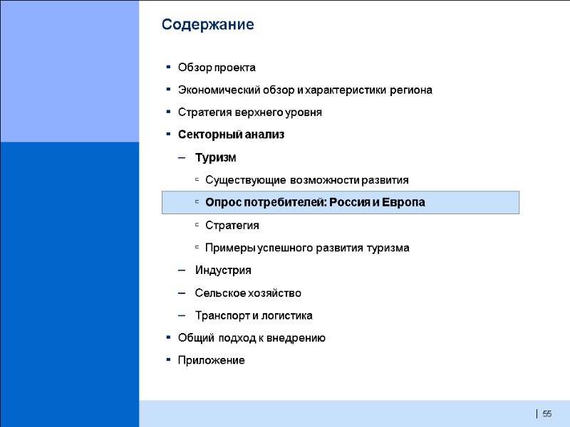 55  Содержание Обзор проекта Экономический обзор и характеристики региона Стратегия верхнего уровня Секторный